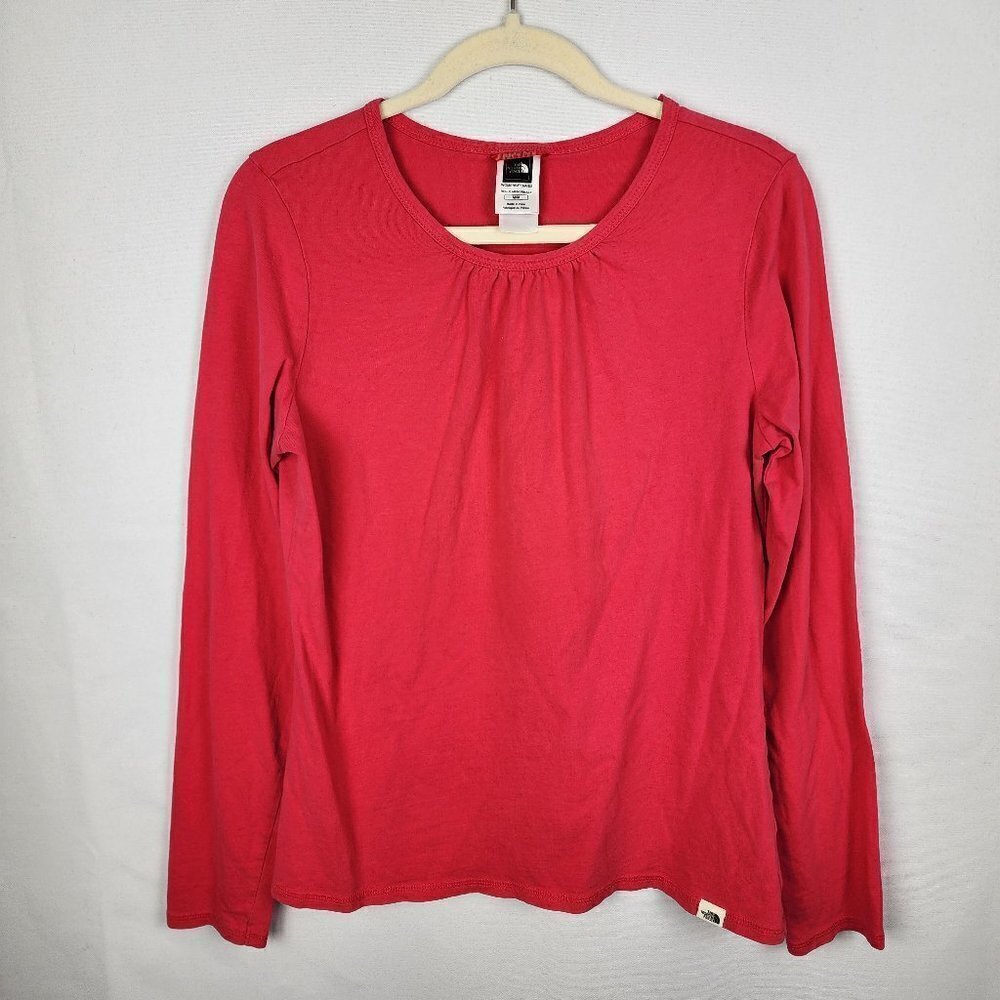 The North Face Womens Red Long Sleeve Scoop Neck Pleated Cotton Top Size M‎